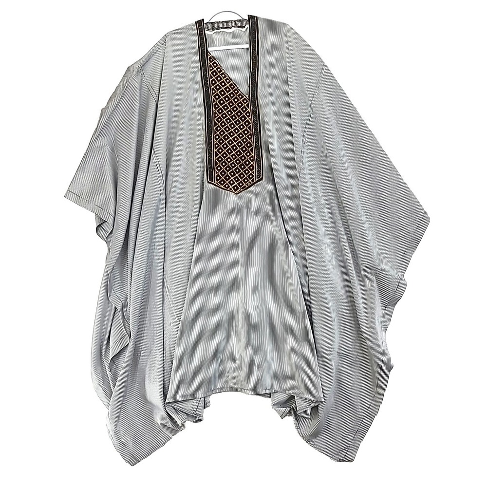 Mens Agbada Kaftan Only Dk Grey White Stripe Ebroidered Front